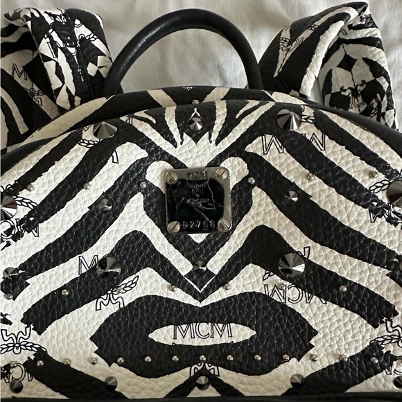 MCM Leather Visetos Studded Zebra Print Backpack - Picture 4 of 16